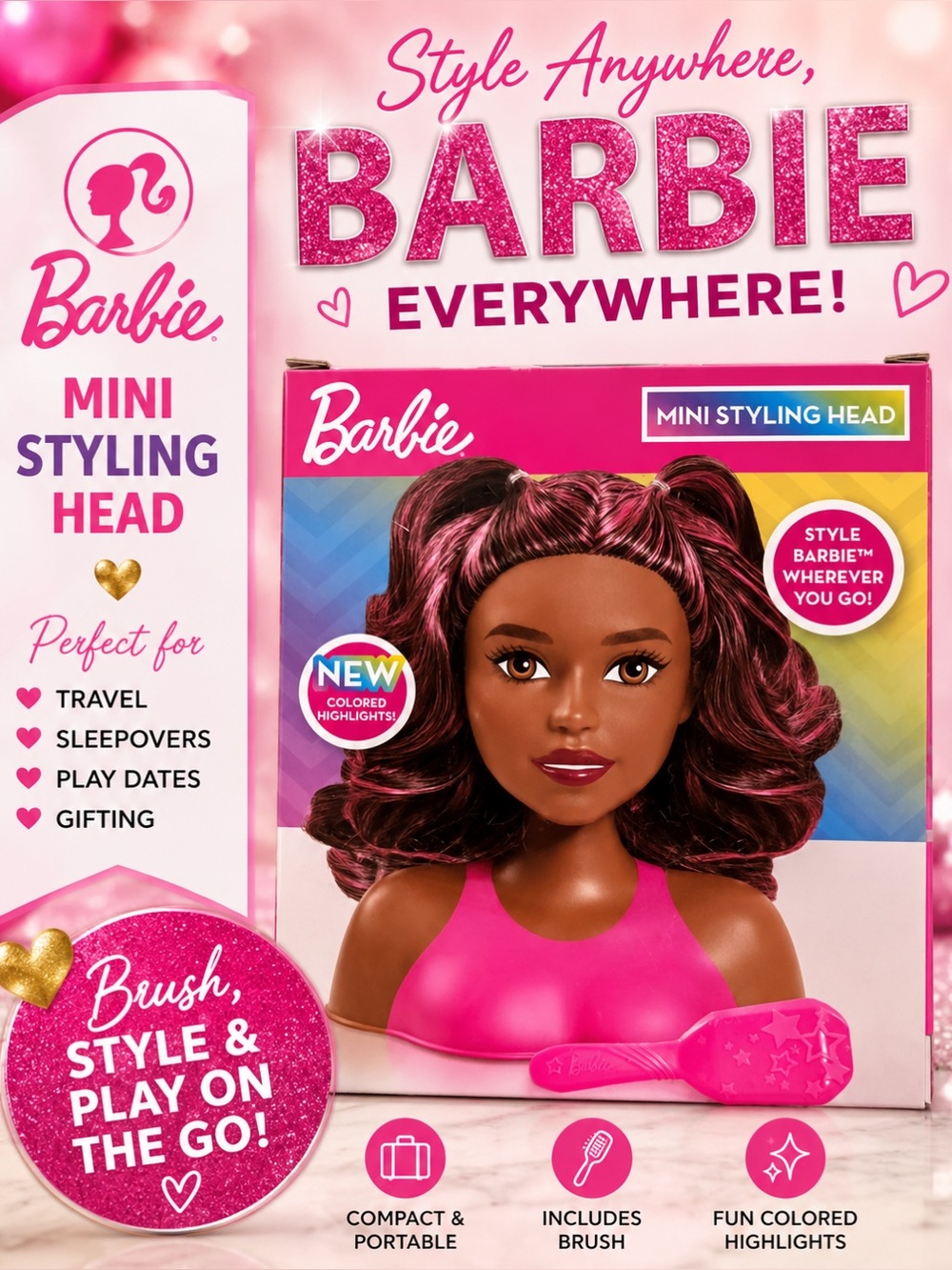 Barbie Mini Styling Head with Pink and Dark Brown Hair, new in box!